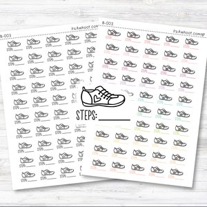 May include: A sheet of printable stickers featuring a running shoe design with the text "STEPS:" and a blank line for writing. The stickers are in black and white with colorful accents.
