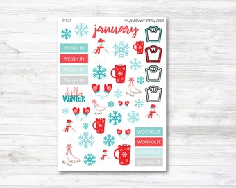 January Winter Snow Stickers, Weight Loss Planner Clipart Add-Ons (B121)