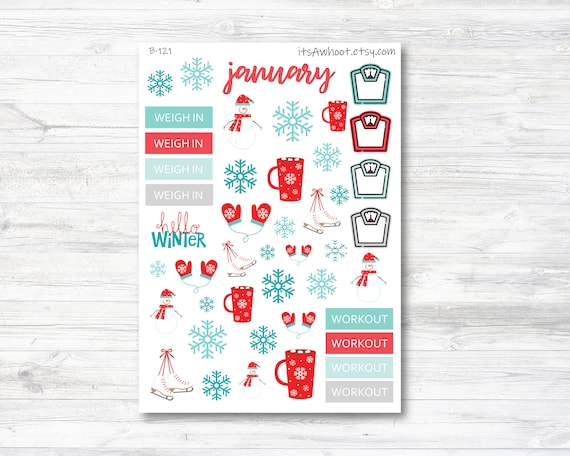 January Winter Snow Stickers, Weight Loss Planner Clipart Add-Ons (B121)