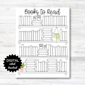 Könnte beinhalten: Druckbarer schwarz-weißer Bücherregal mit dem Text "Books to Read" oben. Das Regal hat vier Regalbretter mit Platz für Bücher und Pflanzen. Das untere Regal hat eine Sternform mit dem Text "DIGITAL instant download".