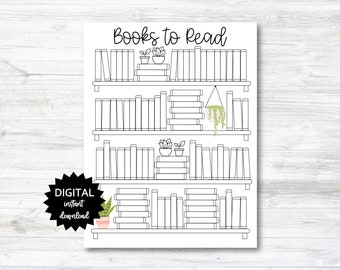 May include: Printable black and white bookshelf with the text "Books to Read" at the top. The bookshelf has four shelves with spaces for books and plants. The bottom shelf has a starburst shape with the text "DIGITAL instant download".