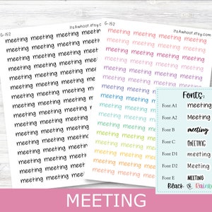 May include: A sheet of stickers with the word "meeting" written in different fonts and colors. The fonts are labeled "Font A1", "Font A2", "Font B", "Font C", "Font D1", "Font D2", and "Font E". The colors are "Black" and "Rainbow".