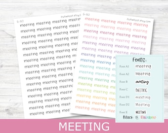 May include: A sheet of stickers with the word "meeting" written in different fonts and colors. The fonts are labeled "Font A1", "Font A2", "Font B", "Font C", "Font D1", "Font D2", and "Font E". The colors are "Black" and "Rainbow".