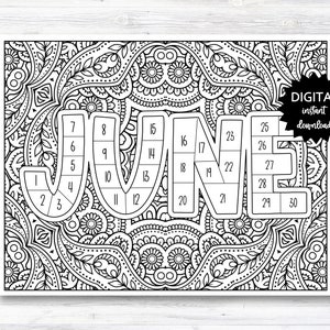 Könnte beinhalten: Ein schwarz-weißer druckbarer Juni-Kalender mit einem Mandala-Muster als Hintergrund. Das Wort "JUNI" ist in großen Buchstaben geschrieben, wobei jeder Buchstabe in Abschnitte für jeden Tag des Monats unterteilt ist. Die Zahlen 1 bis 30 sind in den Abschnitten geschrieben.