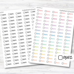 May include: A sheet of printable stickers with a checklist design. Each sticker has a checkbox and the word "quiz" written in various colors. The stickers are designed for use in a planner or journal.