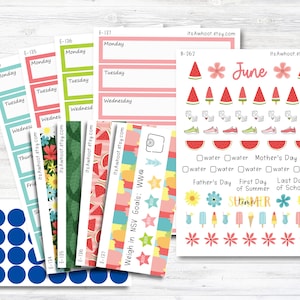 May include: A set of colorful planner stickers featuring watermelon, flowers, and ice cream. The stickers are perfect for adding a touch of summer fun to your planner. The stickers also include text that says "June" and "Summer".