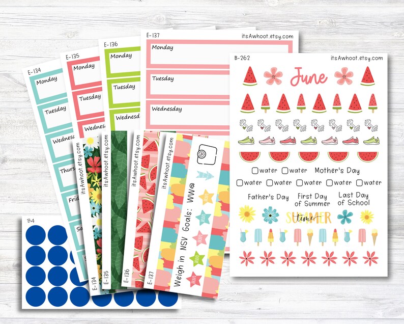 May include: A set of colorful planner stickers featuring watermelon, flowers, and ice cream. The stickers are perfect for adding a touch of summer fun to your planner. The stickers also include text that says "June" and "Summer".