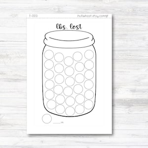 May include: A printable black and white weight loss tracker. The tracker is shaped like a jar with 60 circles inside. The text "lbs. lost" is at the top of the jar. There is a smaller circle at the bottom of the jar with the text "lbs."