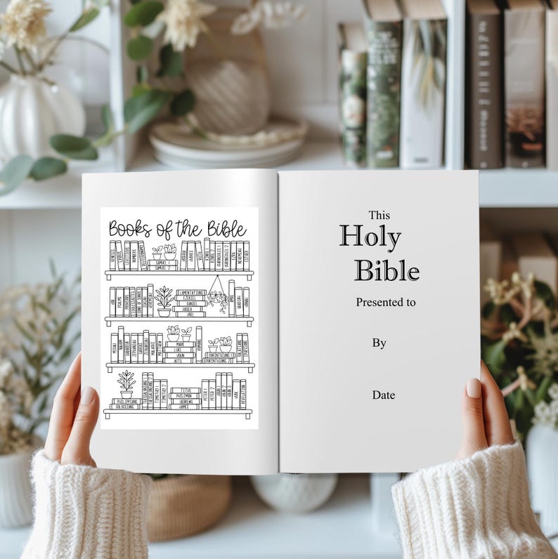 May include: A black and white illustration of a bookshelf filled with books, representing the books of the Bible. The text "Books of the Bible" is at the top of the image. The right side of the image has the text "This Holy Bible" with space to write in the name of the person the Bible is presented to and the date.