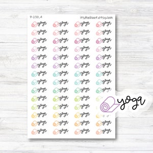 May include: A sheet of colorful stickers with a yoga mat design and the word "yoga" written in cursive. The stickers are arranged in rows of four, with each sticker featuring a different color and design.