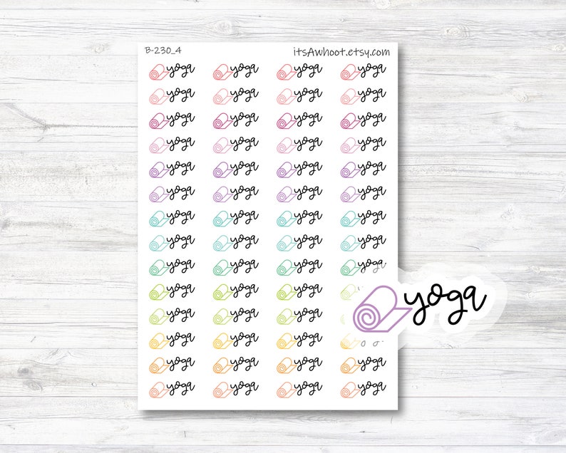 May include: A sheet of colorful stickers with a yoga mat design and the word "yoga" written in cursive. The stickers are arranged in rows of four, with each sticker featuring a different color and design.