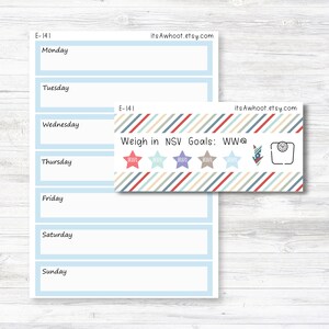 Pode incluir: Um planejador semanal com fundo azul e texto branco. O planejador tem uma se&ccedil;&atilde;o para cada dia da semana, de segunda a domingo. H&aacute; uma se&ccedil;&atilde;o separada com fundo listrado que diz "Weigh in NSV Goals: WW@" com cinco estrelas e um &iacute;cone de balan&ccedil;a.