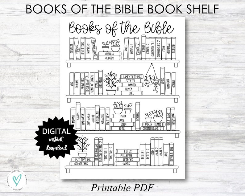 May include: A black and white printable PDF with the title "Books of the Bible" and a bookshelf with the names of all the books of the Bible listed on the spines of the books.