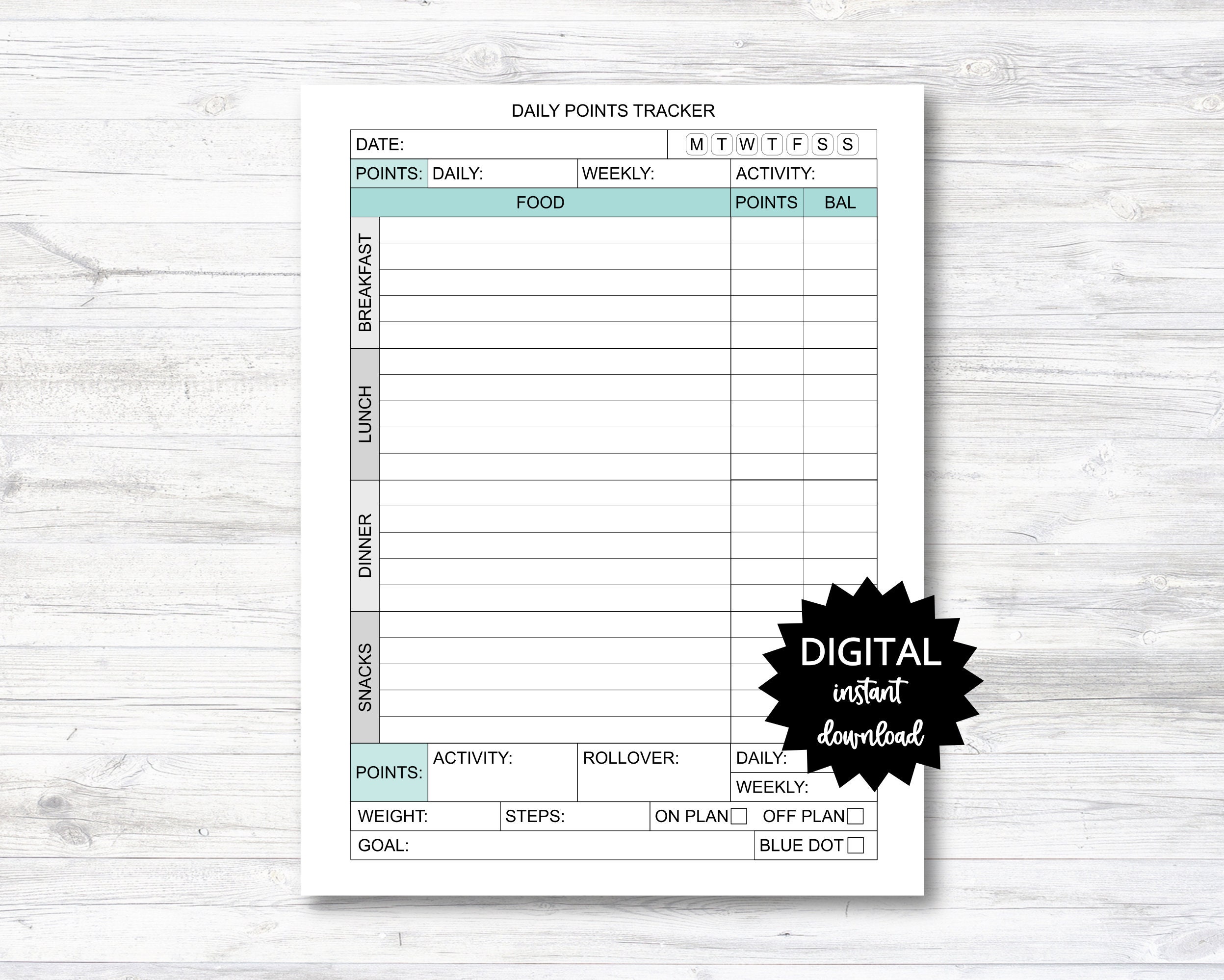 daily points tracker, daily points tracking printable, point
