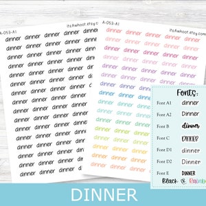 May include: A sheet of stickers with the word "dinner" written in different fonts and colors. The fonts are labeled A1, A2, B, C, D1, D2, and E. The colors are black and rainbow.
