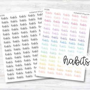 May include: A sheet of colorful stickers with the word "habits" written in black cursive. The stickers are arranged in rows and columns, and each sticker has the word "habits" written on it in a different color. The colors include pink, purple, blue, green, yellow, and orange.