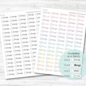 May include: A sheet of printable planner stickers with the word "Rings" repeated in a grid pattern. The stickers are available in four different fonts, which are shown in the bottom right corner of the image.