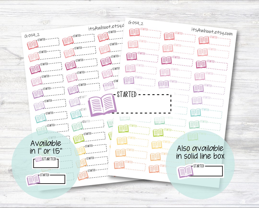 STARTED With Book Icon Quarter Box Label Planner Stickers - Dash or ...