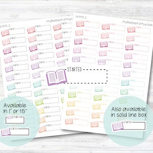 STARTED with Book icon Quarter Box Label Planner Stickers - Dash or Solid / One Inch or 1.5" Inch (G059_2)