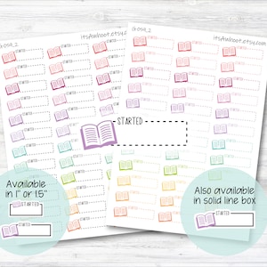 May include: A sheet of colorful book-shaped stickers with the text "Started" on each sticker. The stickers are available in 1 inch or 1.5 inch sizes and also in a solid line box.