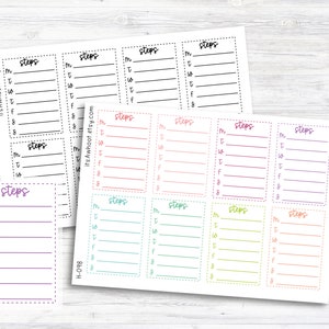May include: A set of nine printable planner stickers with a weekly schedule layout. The stickers are in various colors, including purple, pink, red, green, blue, and yellow. Each sticker has the days of the week listed: M, T, W, Th, F, S, Su. The text "steps" is written at the top of each sticker.