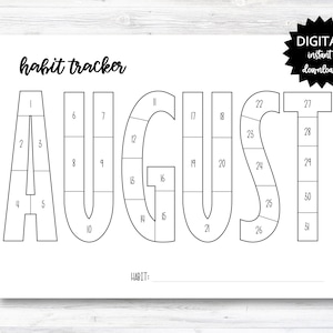August Habit Tracker Coloring Sheet Printable, Month Habit Tracker Coloring Sheet - PRINTABLE (N015_8B)