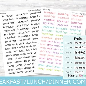 May include: A sheet of colorful stickers with the words "breakfast", "lunch", and "dinner" written in different fonts. The fonts are labeled with names like "breakfast", "Breakfast", "breakfast", "BREAKFAST", "breakfast", "Breakfast", and "BREAKFAST".