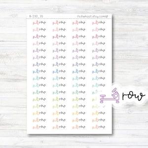 May include: A sheet of colorful stickers featuring a rowing machine icon with the word "row" written in cursive. The stickers are arranged in rows of four, with each row featuring a different color.