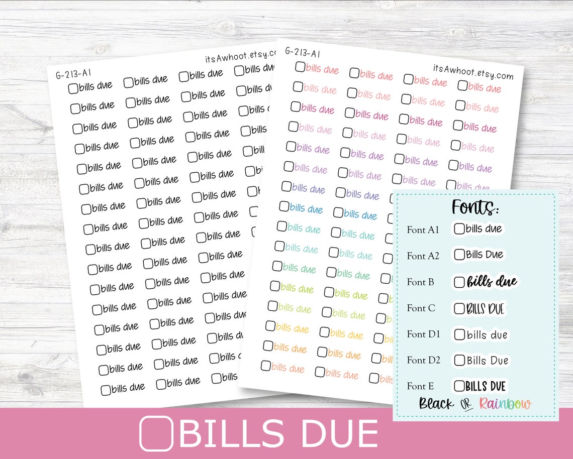 Bills Script BILLS DUE W/ Checkbox Script Planner Stickers - Multiple Fonts/colors ...