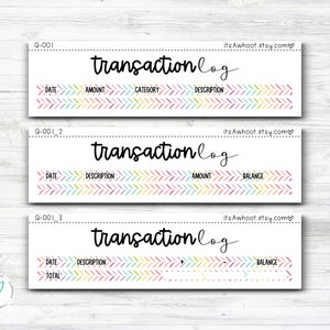 Peut inclure: Trois modèles de journaux de transactions imprimables avec des bordures en chevron colorées. Chaque modèle comporte des champs pour la date, la description, le montant, la catégorie et le solde. Le texte "transaction log" est écrit en cursive noire.