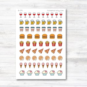 May include: A sheet of stickers featuring various food and drink icons, including wine glasses, beer mugs, coffee cups, hamburgers, french fries, pizza slices, cookies, ice cream cones, and cupcakes. The stickers are white with colorful outlines and are arranged in rows on a white background. The text "B-091" and "ItsAwhoot.etsy.com" are printed at the top of the sheet.