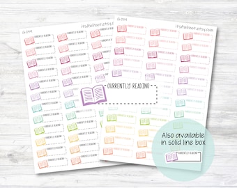 CURRENTLY READING with Book icon Quarter Box Label Planner Stickers - Dash or Solid (G059)