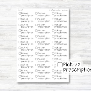 May include: A sheet of printable planner stickers with the text "Pick-up prescription" repeated multiple times. The stickers are designed for use in a planner or journal.