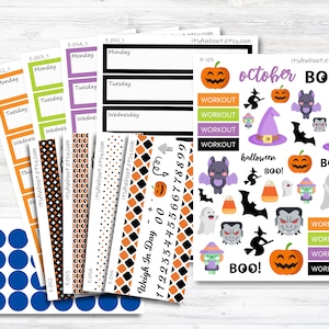 May include: A set of printable Halloween themed stickers for planners and journals. The stickers feature a variety of designs, including pumpkins, bats, ghosts, witches, and candy corn. The stickers are in black, orange, purple, and white. The text "october BOO!" and "halloween BOO!" is included on the stickers.