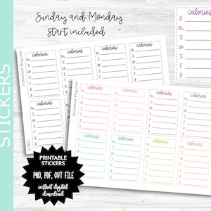 May include: Printable stickers for a weekly calorie tracker. The stickers are in various colors and have a dotted border. The text "calories" is written on each sticker. The stickers are designed for use in a planner or journal.