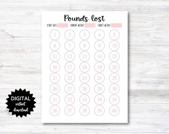 Pounds Lost Printable, 40 Pounds Lost Tracker, 40 Lbs Lost Digital Download Planner Page - PRINTABLE (N009_4)