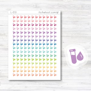 May include: A sheet of colorful stickers with a rainbow gradient of test tube and drop icons. The sheet is labeled "L-031" and "itsAwhoot.com♡".