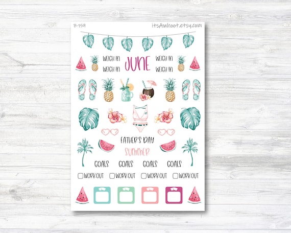 June Summer Father's Day Stickers, Weight Loss Planner Clipart (B159-June2)