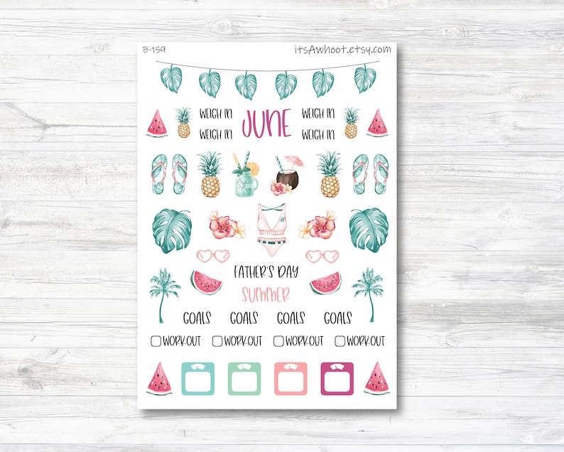 May include: A sheet of colorful stickers with a summer theme. The stickers feature images of watermelon, pineapples, palm trees, flip flops, sunglasses, a swimsuit, and the words "June" and "Father's Day Summer".