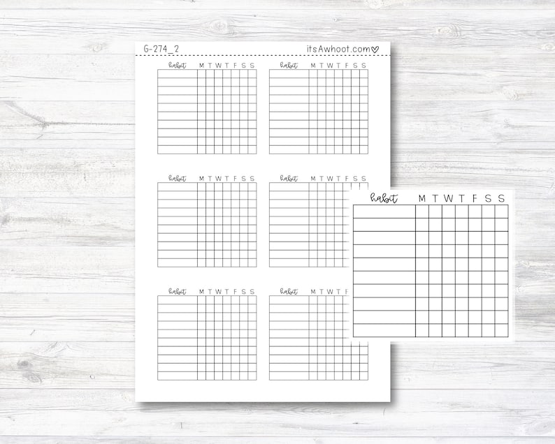 May include: Printable habit tracker with six different sections, each with a header that says "habit" and a grid with days of the week labelled MTWTFSS. The last section has a header that says "habit" and a grid with days of the week labelled MTWTFSS.