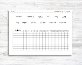 May include: A black and white printable habit tracker with a grid layout. The tracker includes the months of the year, January through December, and numbers 1 through 31 for each month. The text "habits:" is written at the top of the grid.