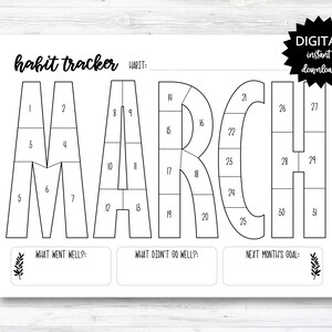 Puede incluir: Un rastreador de hábitos imprimible para el mes de marzo. El rastreador está diseñado para ser rellenado con una marca de verificación para cada día que se complete un hábito. El rastreador incluye espacio para un nombre de hábito, lo que fue bien, lo que no fue bien y el objetivo del próximo mes.