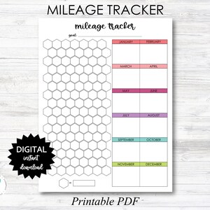 May include: Printable mileage tracker with a honeycomb grid for recording miles traveled each month. The tracker has a space for a goal and is divided into 12 months with colored borders.