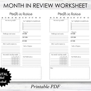 May include: A printable worksheet for reviewing the month. It includes sections for highlights, challenges, things to start and stop doing, tasks in progress, and a rating scale for the month. The worksheet is black and white and has a minimalist design.