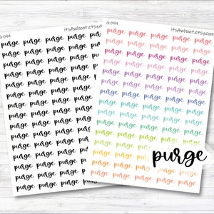 May include: A sheet of colorful stickers with the word "purge" written in black cursive. The stickers are in various shades of pink, purple, blue, green, and yellow.