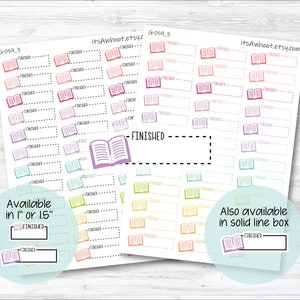 FINISHED with Book icon Quarter Box Label Planner Stickers - Dash or Solid / One Inch or 1.5&quot; Inch (G059_3)