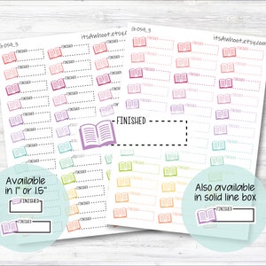 FINISHED with Book icon Quarter Box Label Planner Stickers - Dash or Solid / One Inch or 1.5" Inch (G059_3)