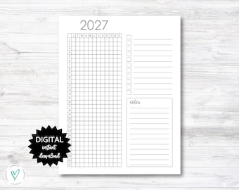 以下が含まれることがあります： 2027年の年間カレンダーページ。JからDまでの月と1から31までの日を示すグリッドが印刷されています。レイアウトには10個の空のチェックボックスがあるリストと、notesと書かれた横線付きのメモ欄が含まれています。