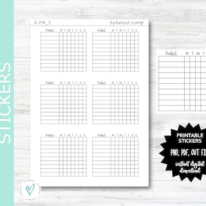 May include: Printable habit tracker stickers with a black and white grid design. The stickers are labeled "habit" and have the days of the week listed across the top: MTWTFSS. The text "Printable Stickers" and "PNG, PDF, CUT FILE" is also included on the image.