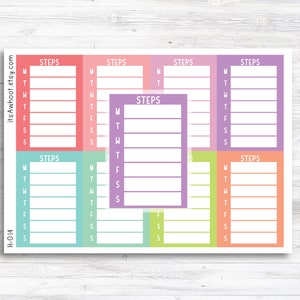 May include: A printable planner sticker sheet with six different colored sections, each labeled "STEPS". Each section has a column for each day of the week, Monday through Sunday, with lines for writing.